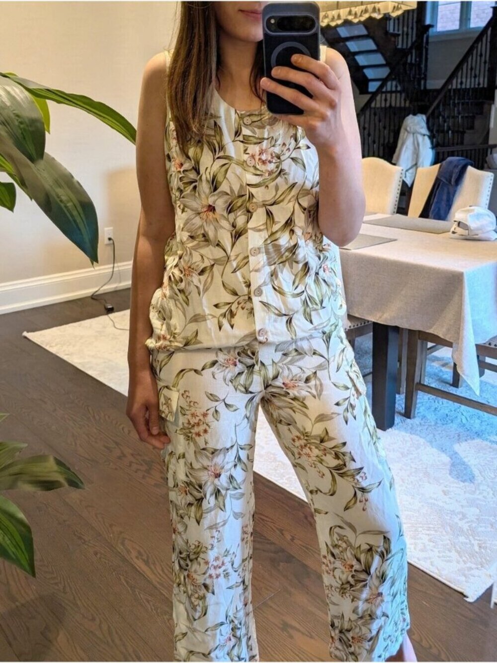 Spanner 2 Piece Linen Blend Floral Tank Top And Pants Set
